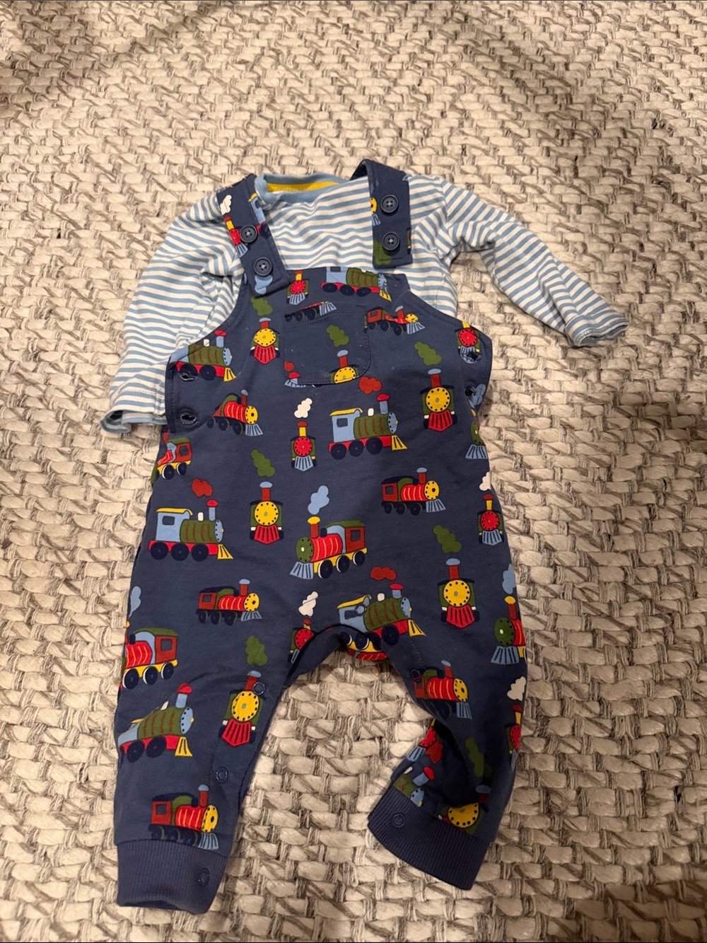 Baby Boden Striped Tee and Navy Train Overalls Kids Set 6-9